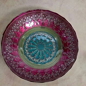 Turkish 12" D Mehendi Silver Purple Aqua Scroll Medallion Painted Glass Bowl